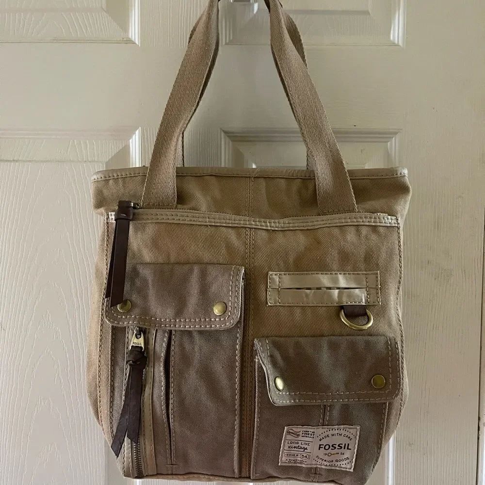 Fossil long live vintage khaki & Brown canvas shoulder bag antique tone hardware